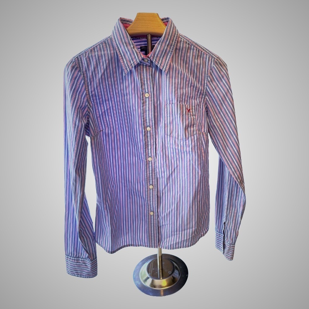 American Eagle Outfitters Womens Blue Pink Striped Favorite Fit Button Down 6